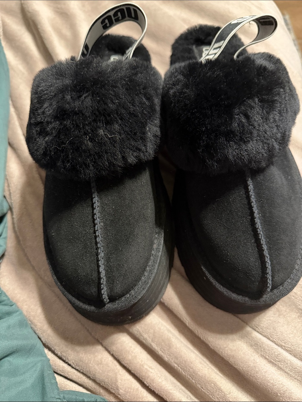 UGG Black Suede Funkette Backstrap Slippers